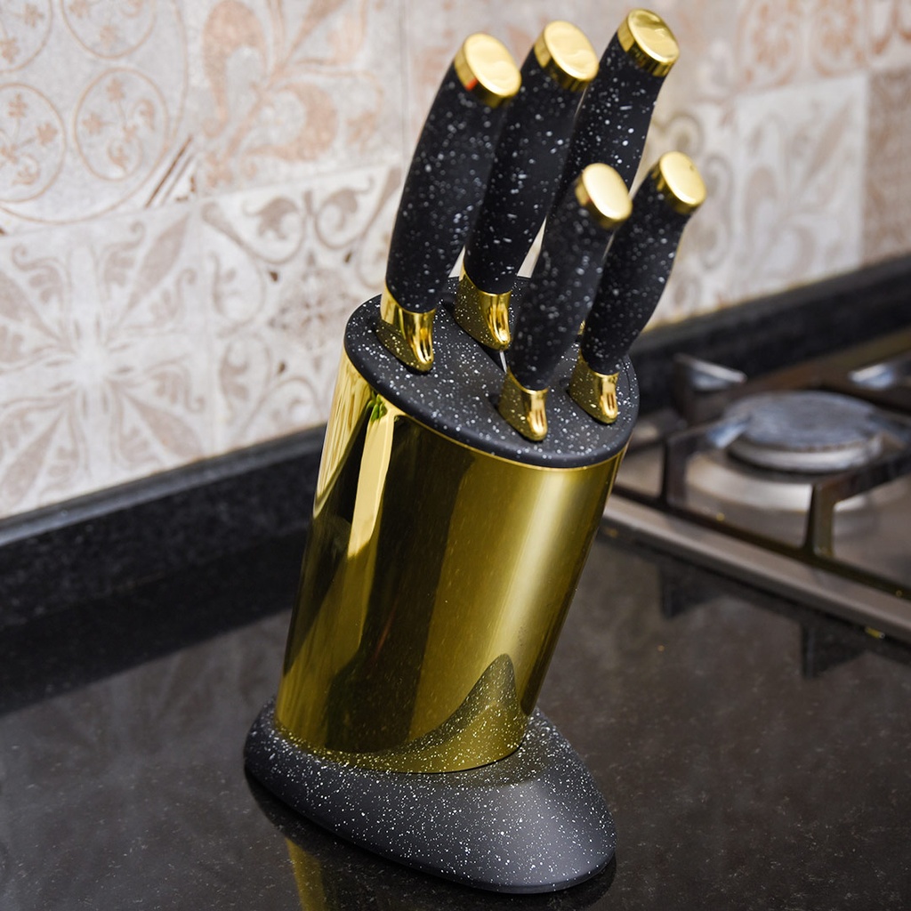 Set De 6 Couteaux De Cuisine Professionnels Noirs Avec Bloc - Acier Inoxydable Haute Résistance